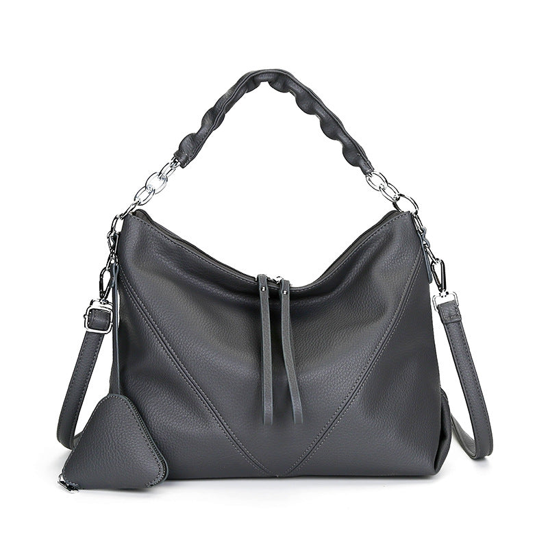 Women's Genuine Leather Chain Shoulder Crossbody Bag with Triangle Pouch