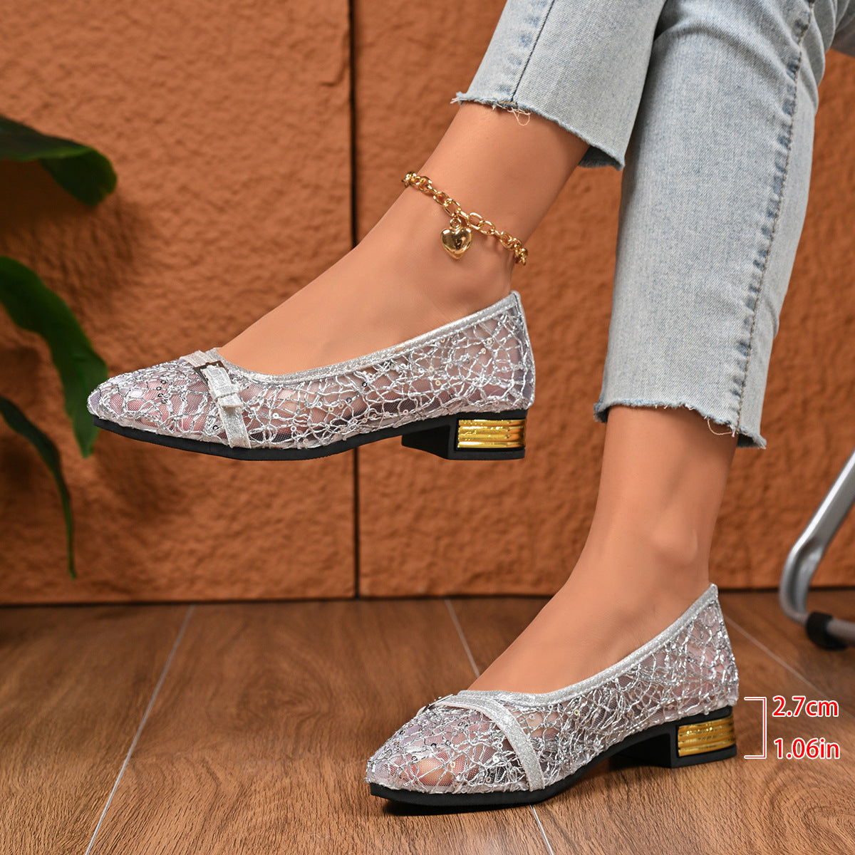 Women's Pointed Toe Mesh Bow Heels – Breathable Slip-On Chunky Low Heel Dress Shoes