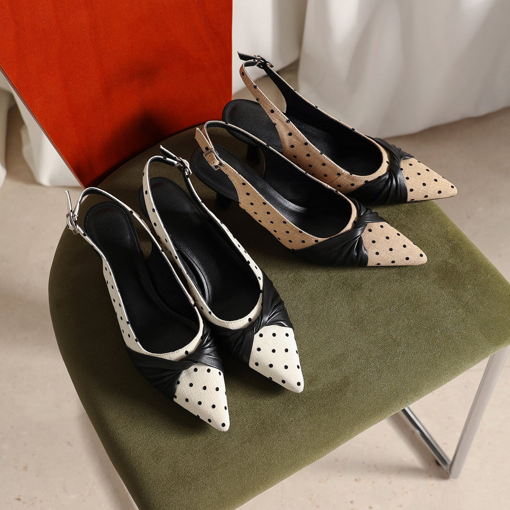 Women's Polka Dot Slingback Pumps | Pointed Toe Genuine Lambskin Heels