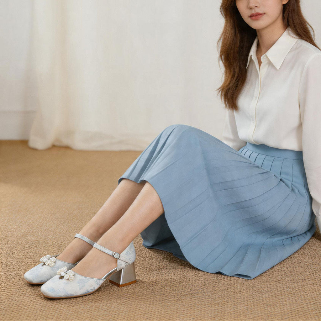 Women's Jacquard Platform Heels | Pearl Bow Square-Toe Chunky Heel Shoes