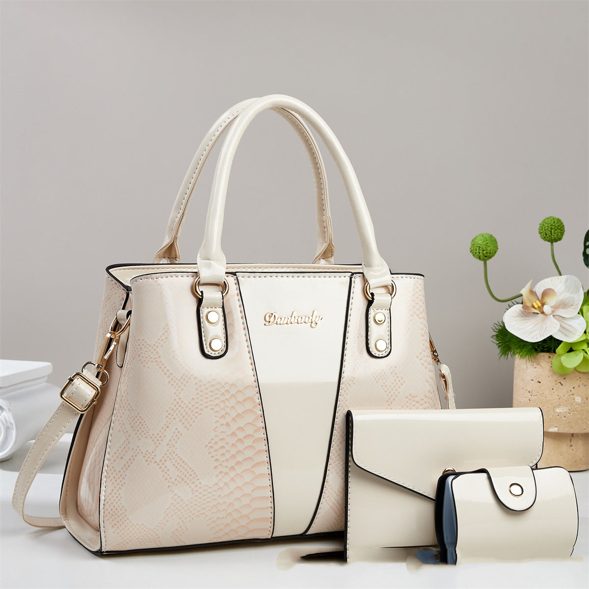 Women's Snakeskin Pattern Tote Handbag Set - 3-Piece Crossbody Shoulder Bag with Wallet