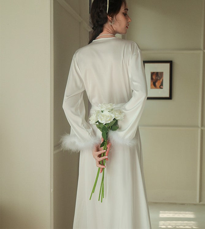 Satin Feather-Trimmed Robe & Slip Dress Set