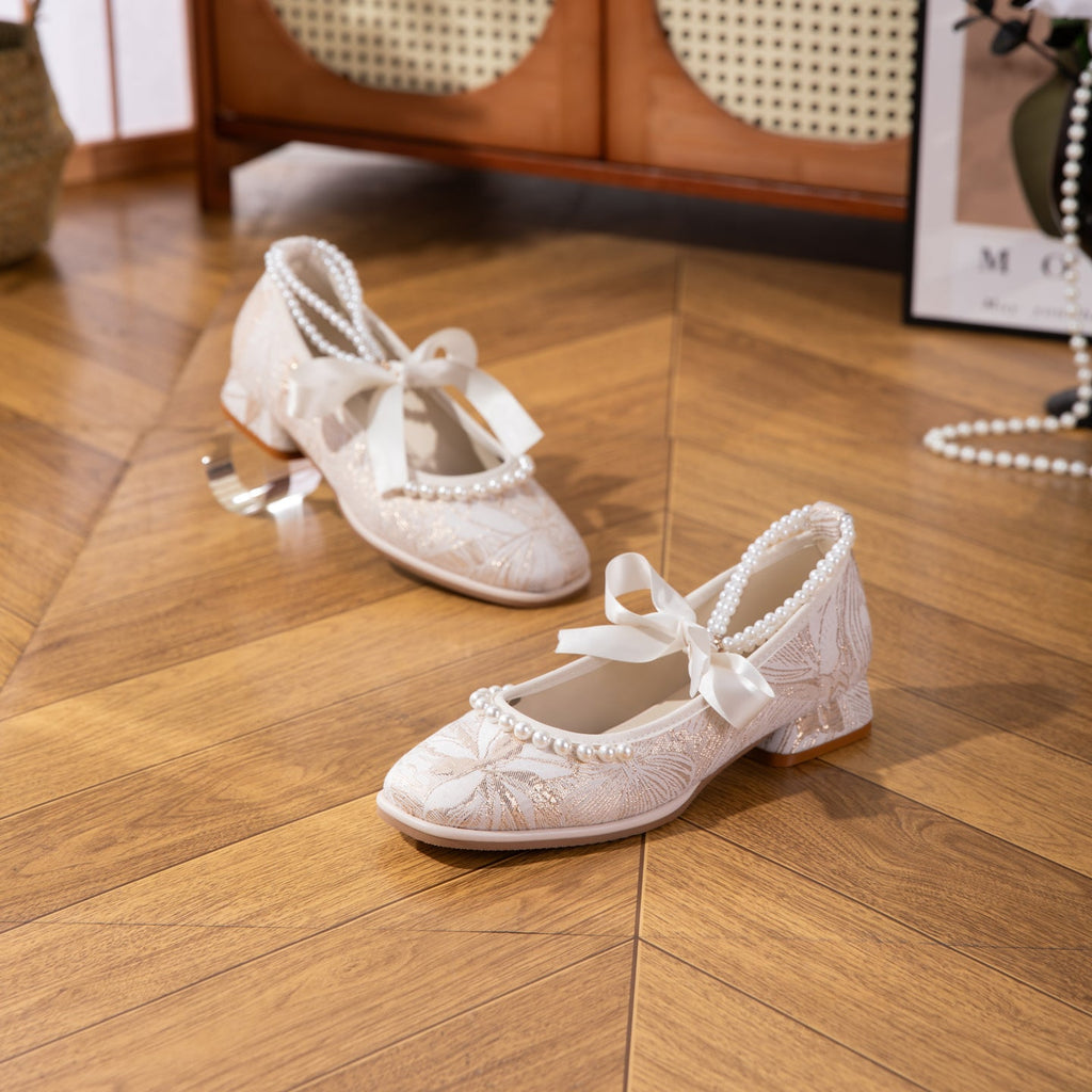 Women's Jacquard Mary Jane Low Heel Shoes | Pearl Ribbon Bow Square Toe Wedding Flats