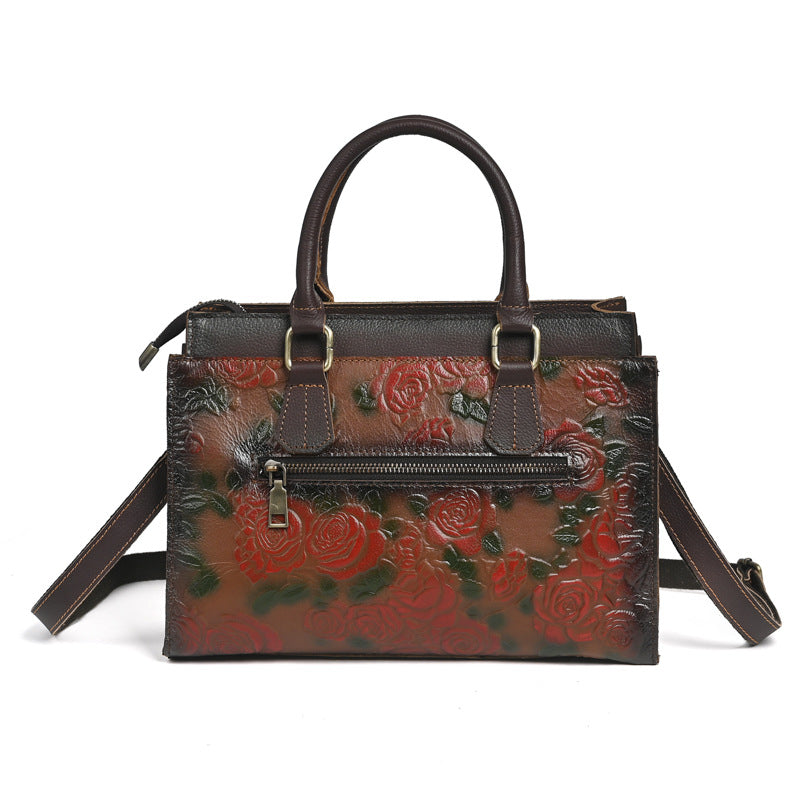Women's Genuine Leather Shoulder Bag – Embossed Full-Grain Cowhide Handbag