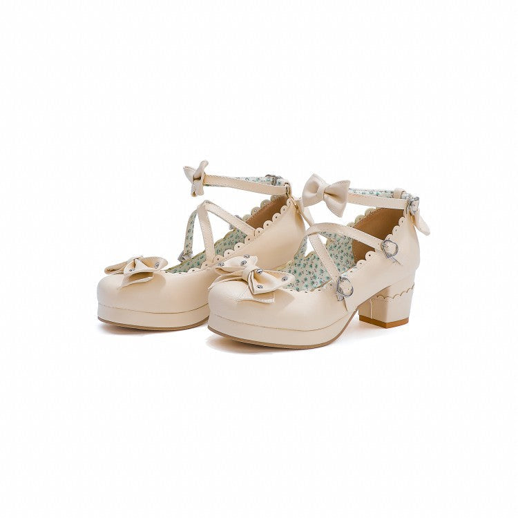 Women's Retro Cute Bow-Clasp Chunky Heel Pumps | Round Toe Block Heels