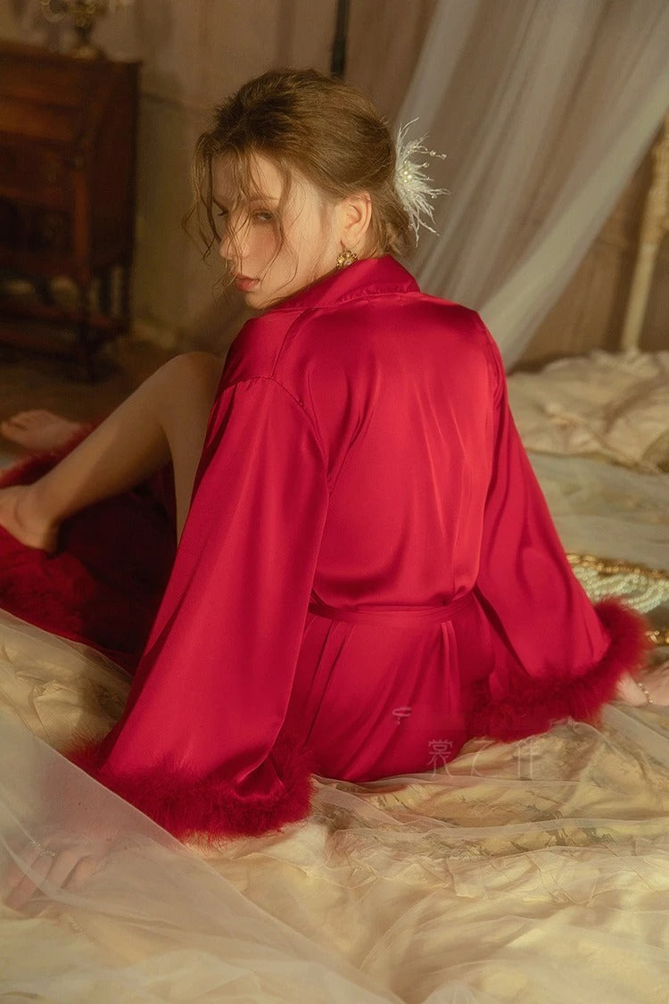 Satin Feather-Trimmed Robe & Slip Dress Set