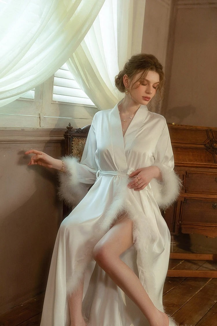 Satin Feather-Trimmed Robe & Slip Dress Set