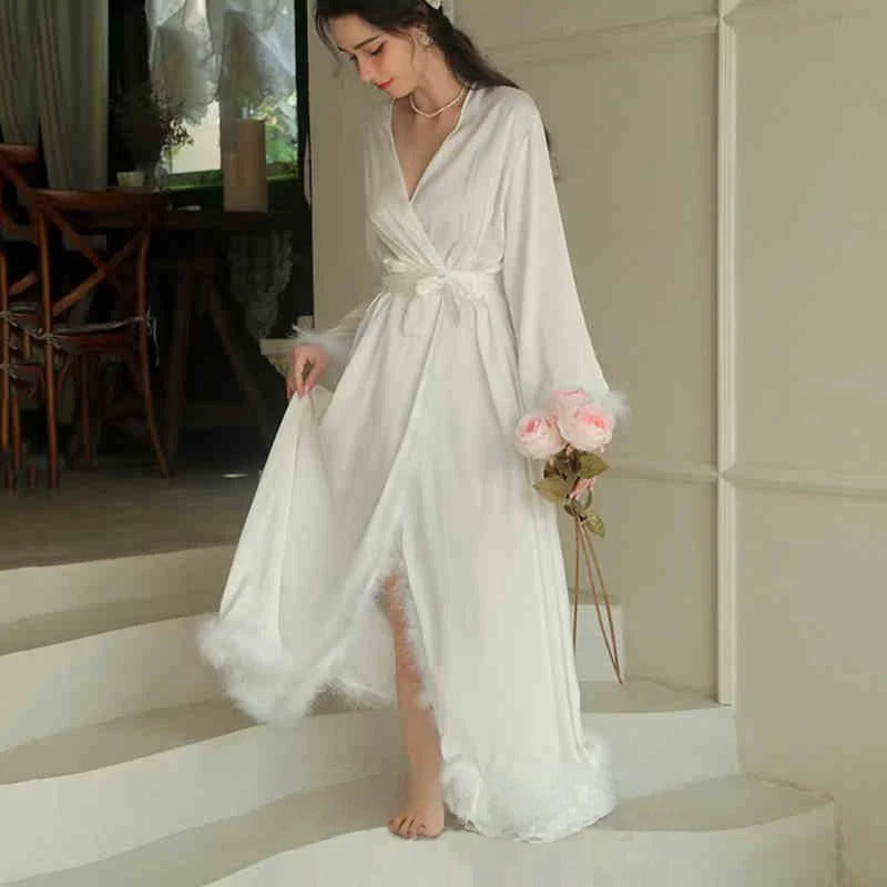 Satin Feather-Trimmed Robe & Slip Dress Set