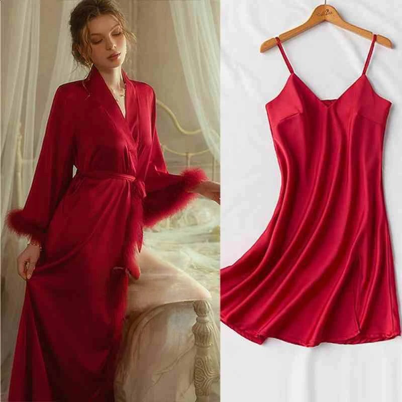 Satin Feather-Trimmed Robe & Slip Dress Set
