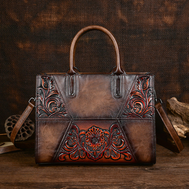 Embossed Patchwork Women's Bag – Large Capacity PU Leather Floral Handbag