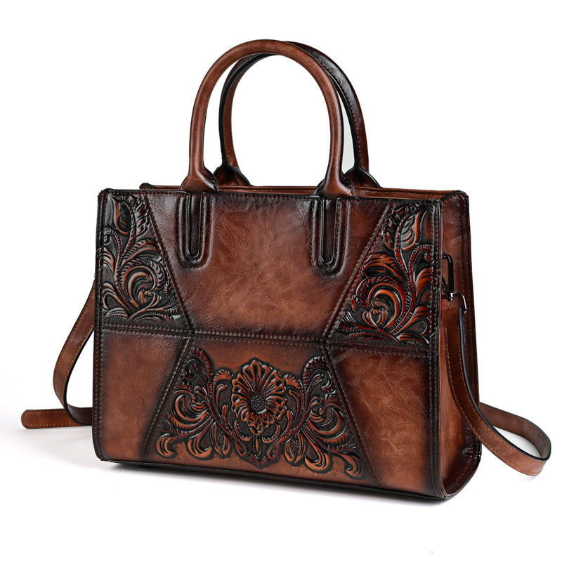 Embossed Patchwork Women's Bag – Large Capacity PU Leather Floral Handbag