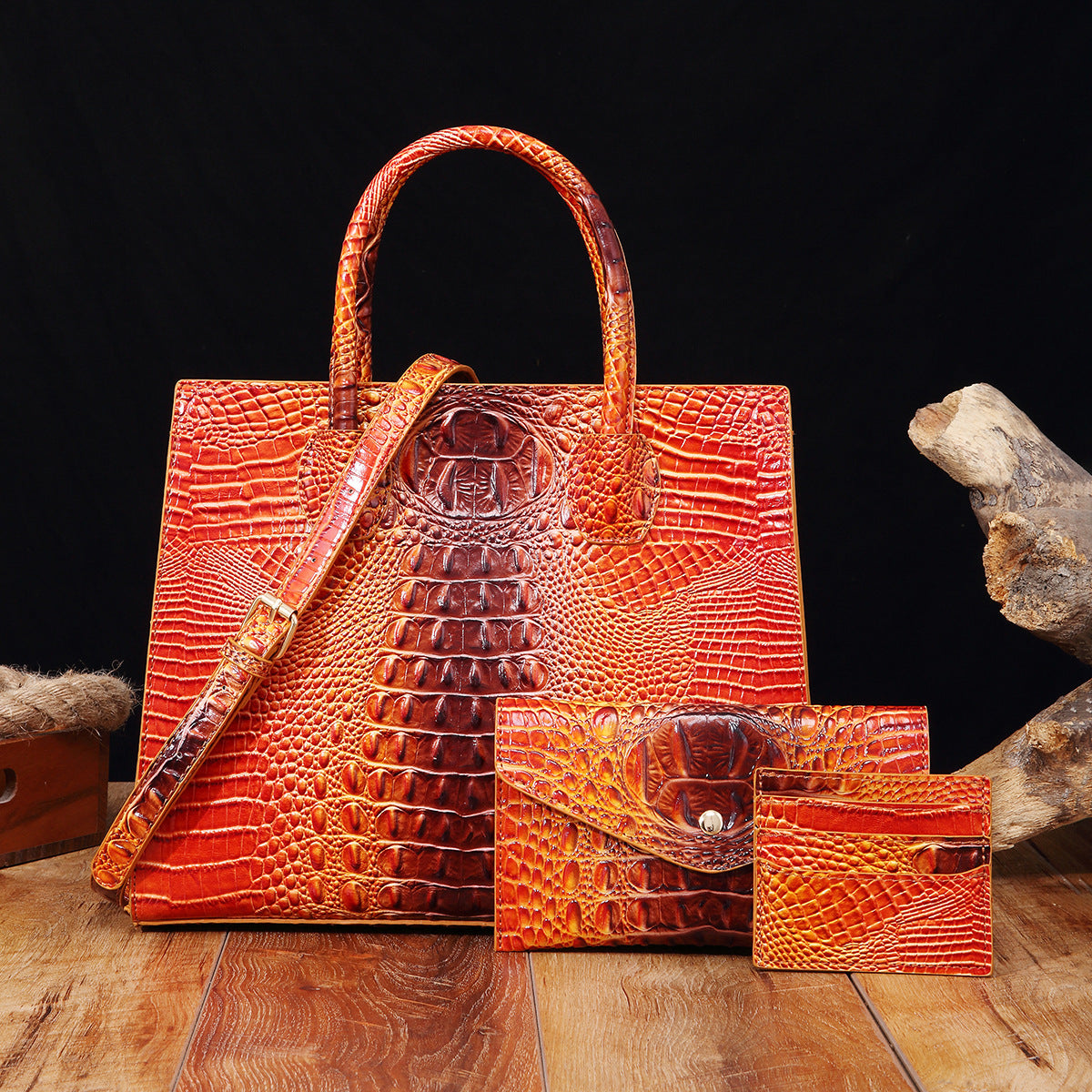Women's Crocodile-Grain Crossbody Tote Bag Set - 3-Piece Premium PU Leather Handbag Collection