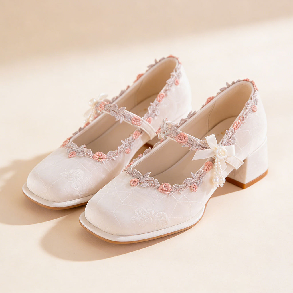 Women's Oriental Jacquard Satin Mary Jane Heels | Embroidered Lace Pearl Square Toe