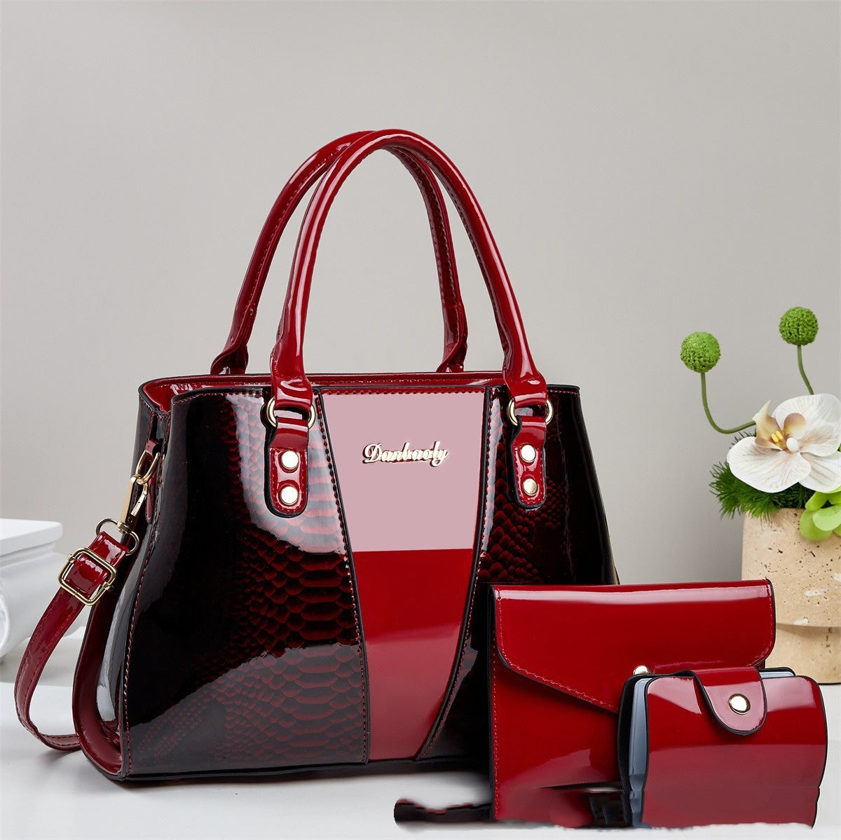 Women's Snakeskin Pattern Tote Handbag Set - 3-Piece Crossbody Shoulder Bag with Wallet
