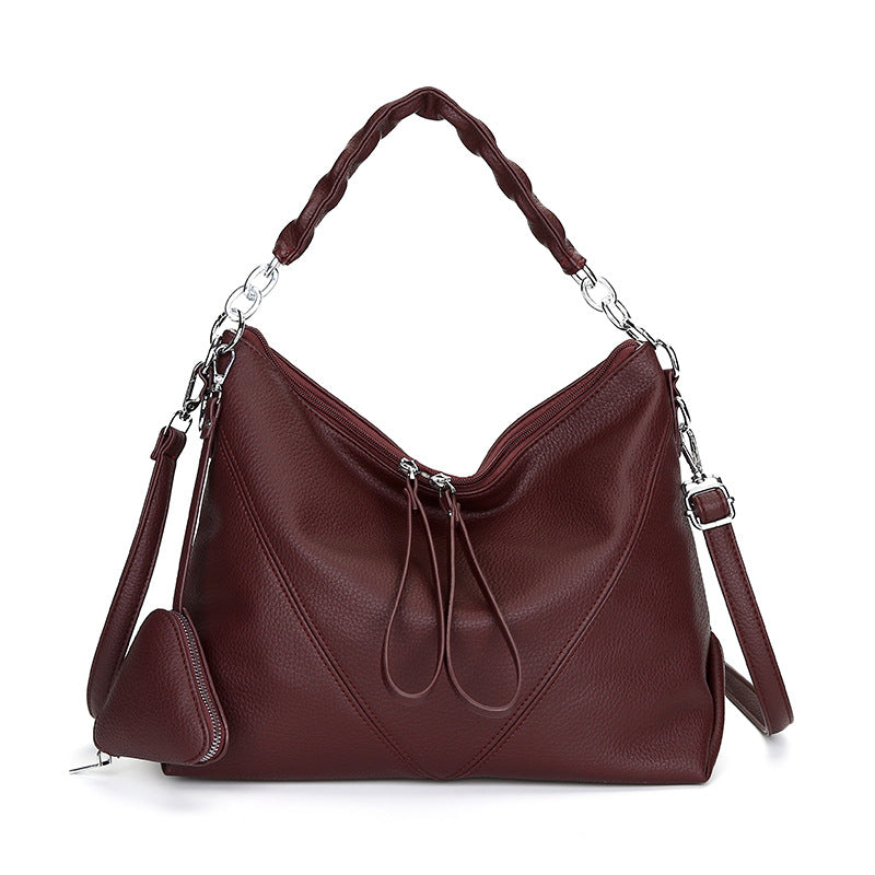 Women's Genuine Leather Chain Shoulder Crossbody Bag with Triangle Pouch