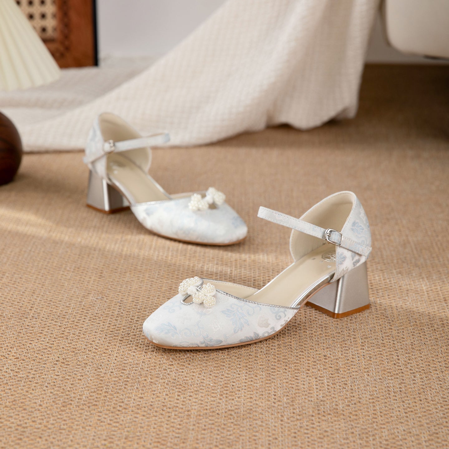 Women's Jacquard Platform Heels | Pearl Bow Square-Toe Chunky Heel Shoes