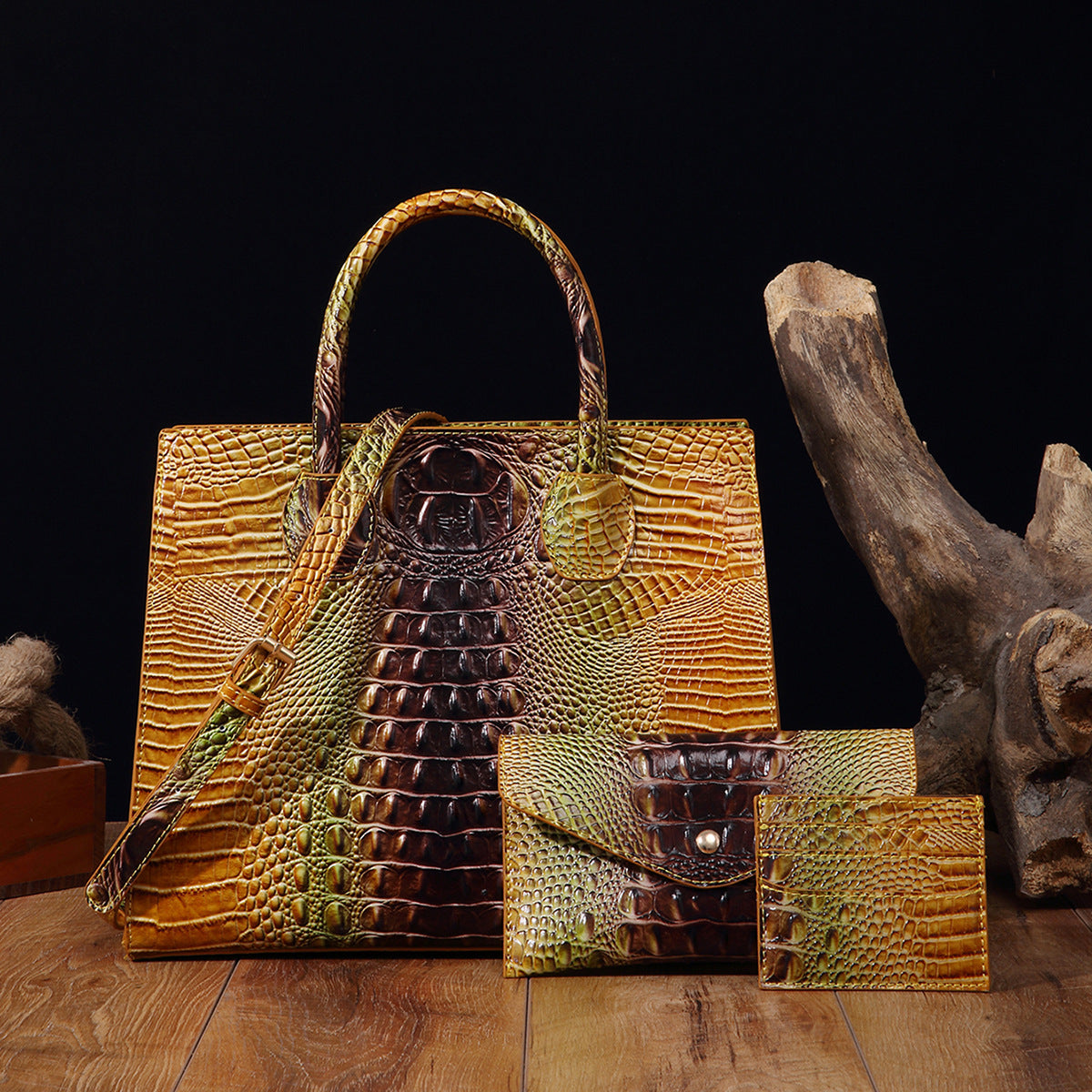 Women's Crocodile-Grain Crossbody Tote Bag Set - 3-Piece Premium PU Leather Handbag Collection