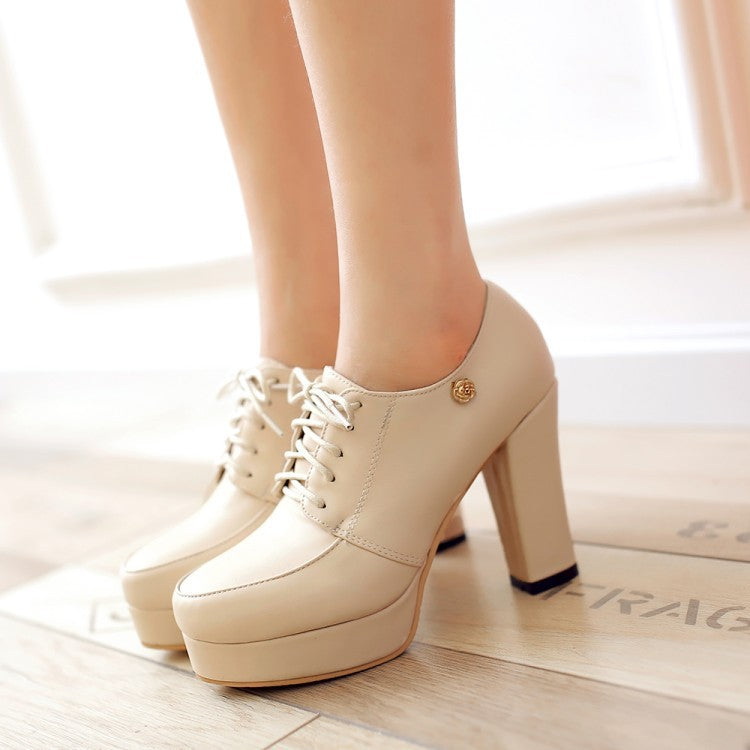 Women's Chunky Heel Lace-Up Pumps | Vintage Round Toe Platform Shoes