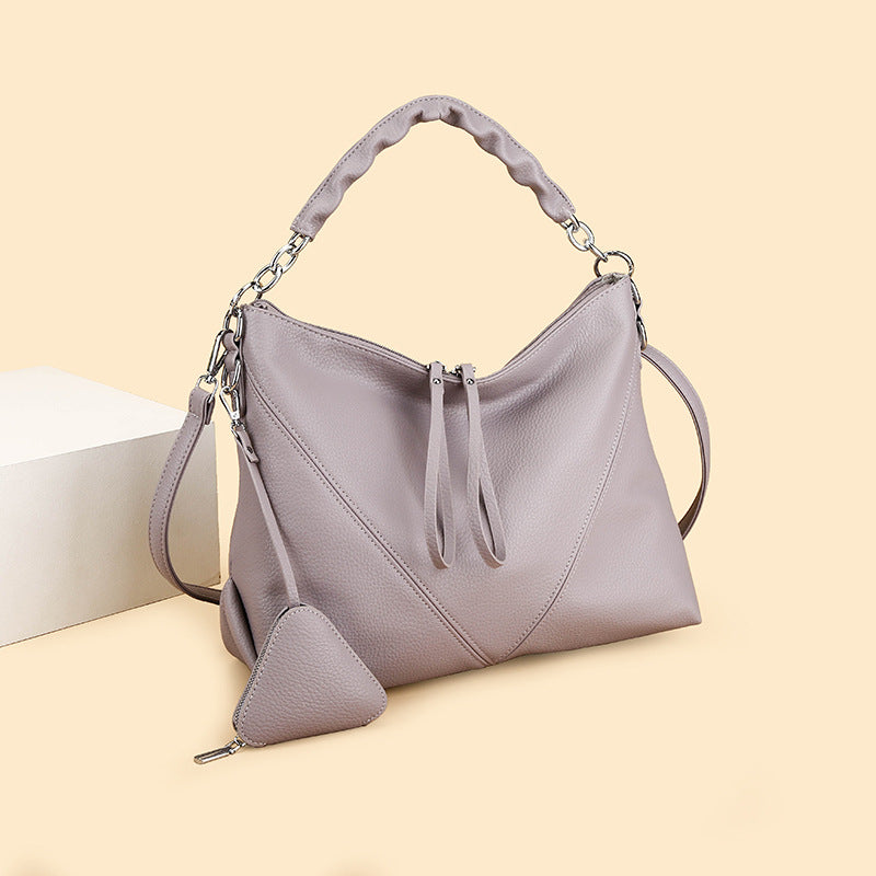 Women's Genuine Leather Chain Shoulder Crossbody Bag with Triangle Pouch
