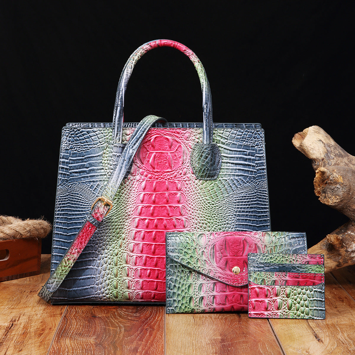 Women's Crocodile-Grain Crossbody Tote Bag Set - 3-Piece Premium PU Leather Handbag Collection
