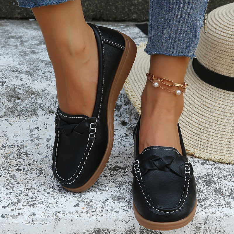 Women's Woven Flat Shoes | PU Upper Slip-On Round Toe Casual Flats