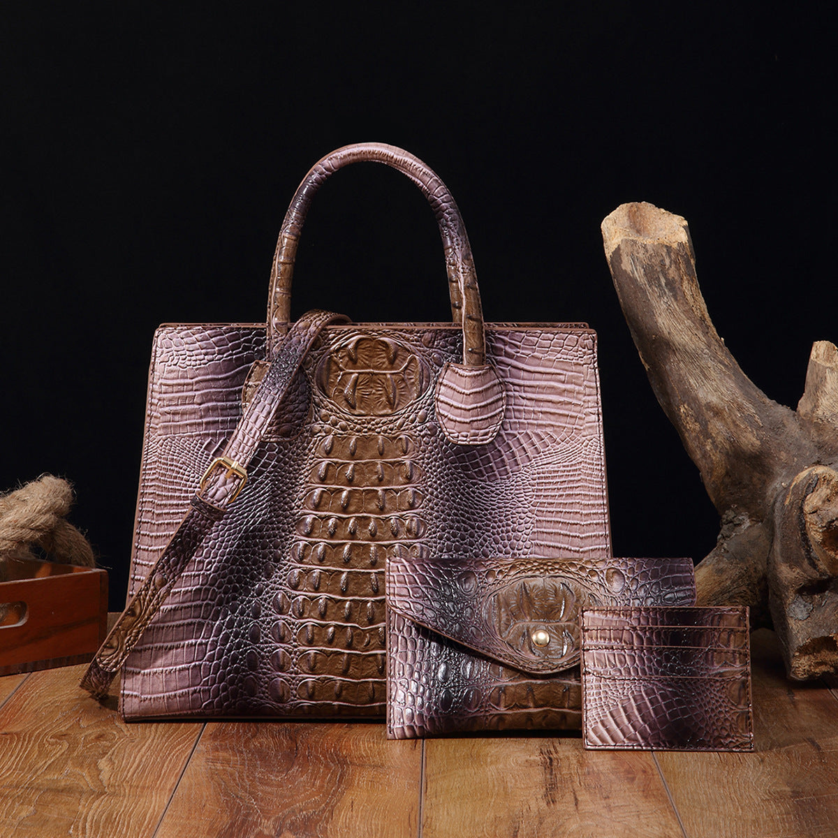 Women's Crocodile-Grain Crossbody Tote Bag Set - 3-Piece Premium PU Leather Handbag Collection