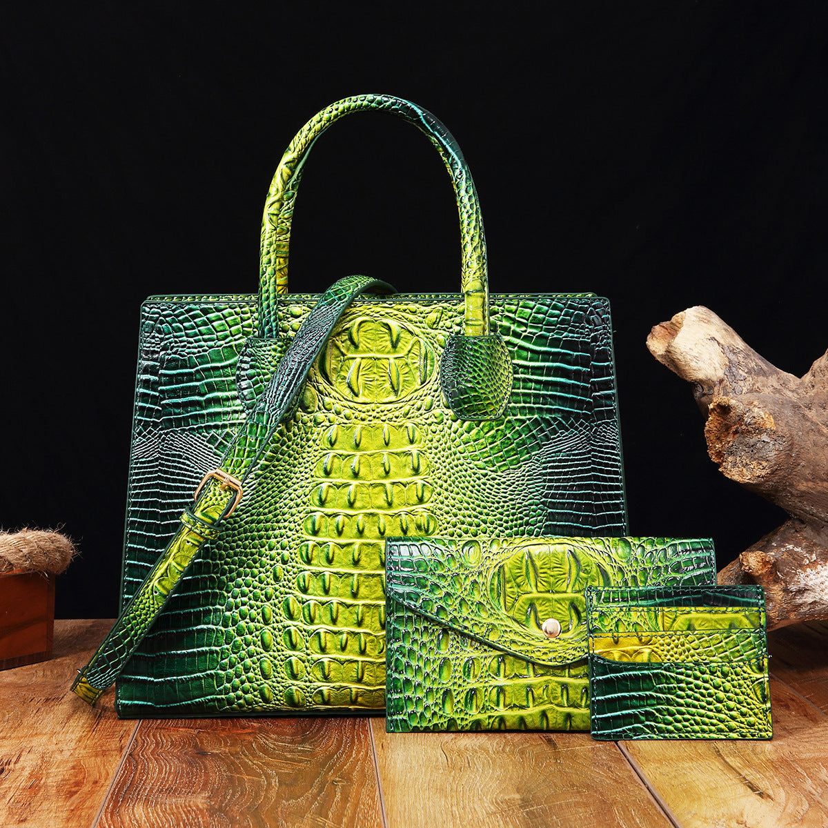 Women's Crocodile-Grain Crossbody Tote Bag Set - 3-Piece Premium PU Leather Handbag Collection