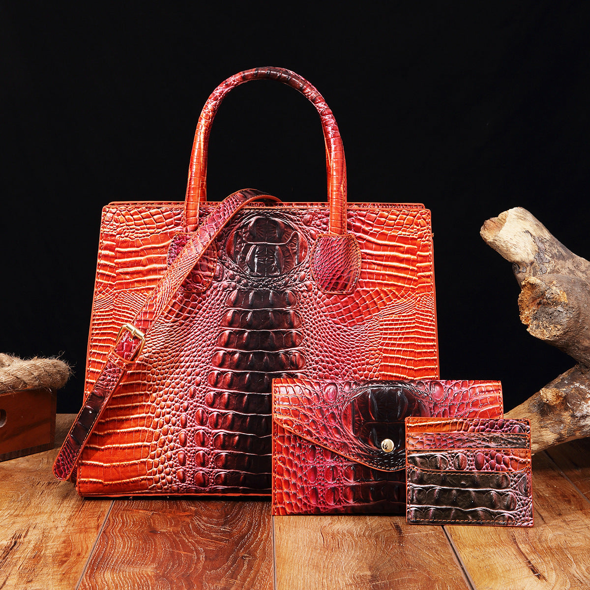 Women's Crocodile-Grain Crossbody Tote Bag Set - 3-Piece Premium PU Leather Handbag Collection
