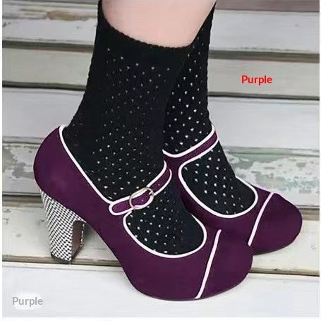 Women's Retro Round-Toe Chunky Heel Pumps with Ankle Strap Buckle | Suede Block Heel Dress Shoes