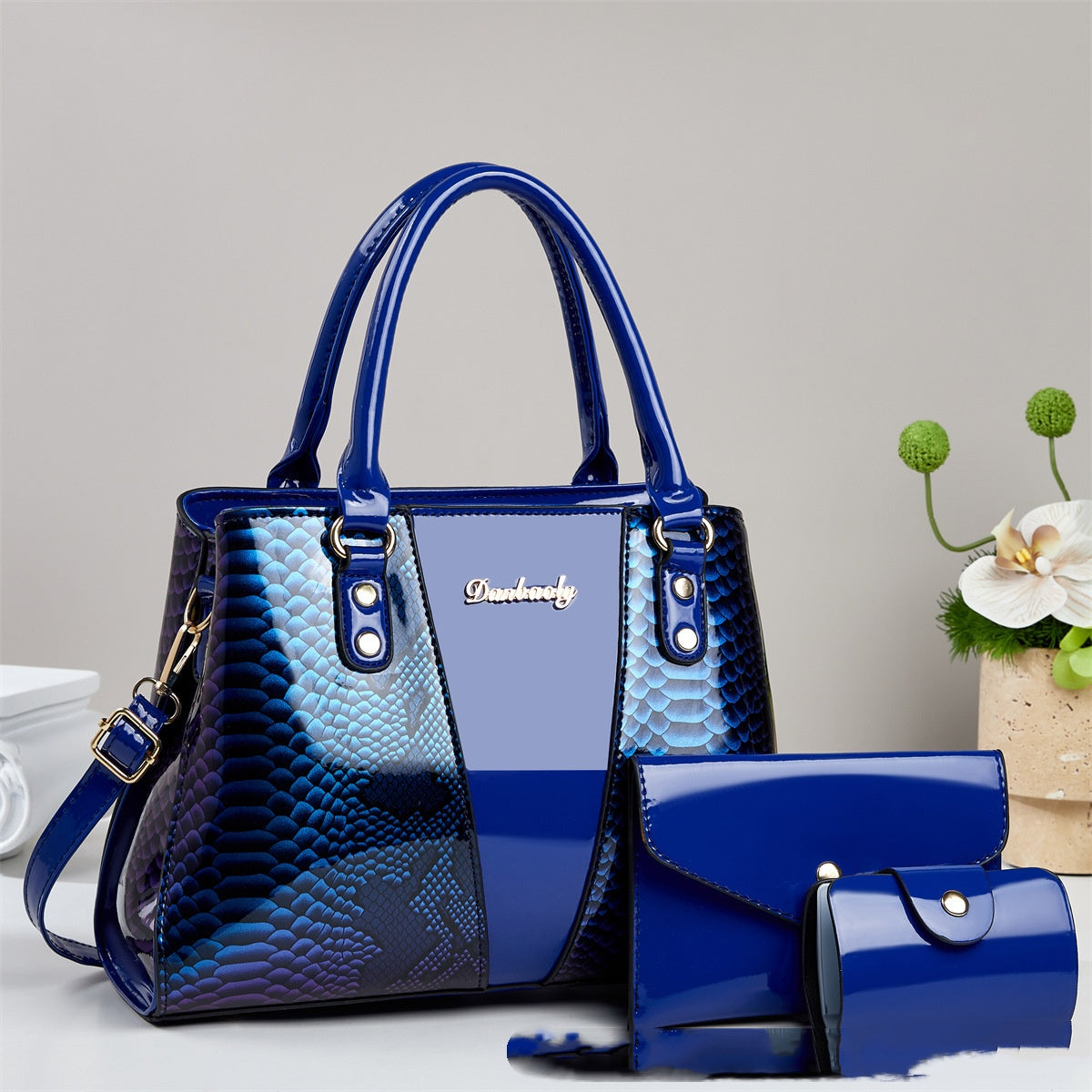 Women's Snakeskin Pattern Tote Handbag Set - 3-Piece Crossbody Shoulder Bag with Wallet