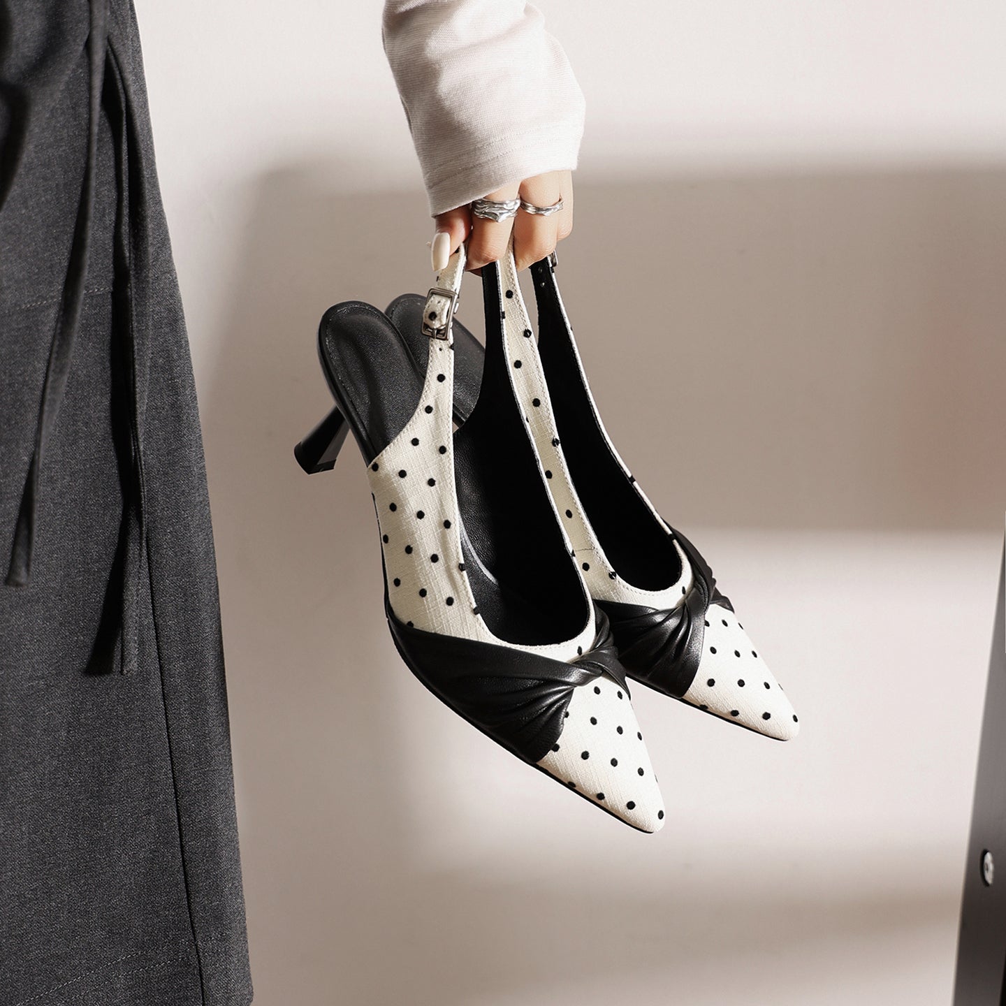 Women's Polka Dot Slingback Pumps | Pointed Toe Genuine Lambskin Heels