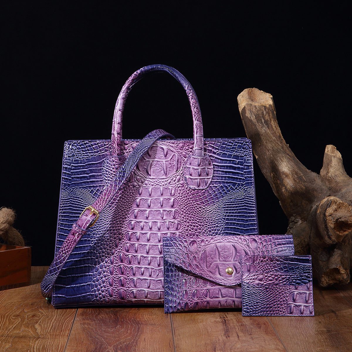Women's Crocodile-Grain Crossbody Tote Bag Set - 3-Piece Premium PU Leather Handbag Collection