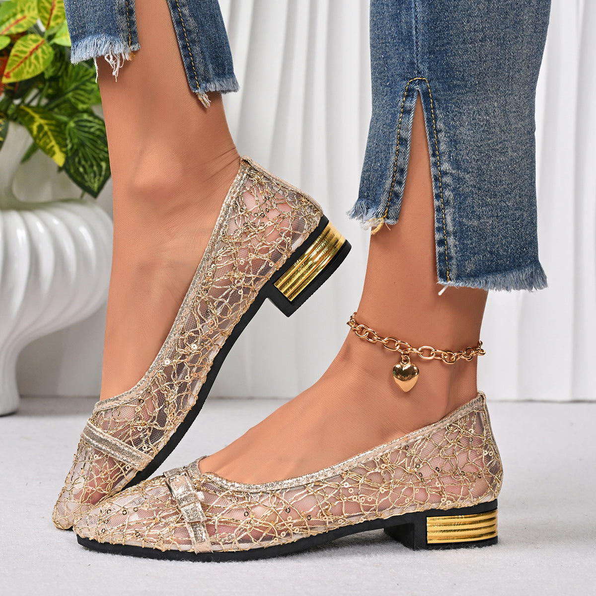Women's Pointed Toe Mesh Bow Heels – Breathable Slip-On Chunky Low Heel Dress Shoes