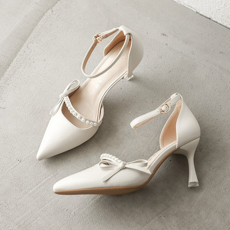 Women's Pointed-Toe Stiletto Pumps | Leather Strap Heels in Off-White & Emerald Green
