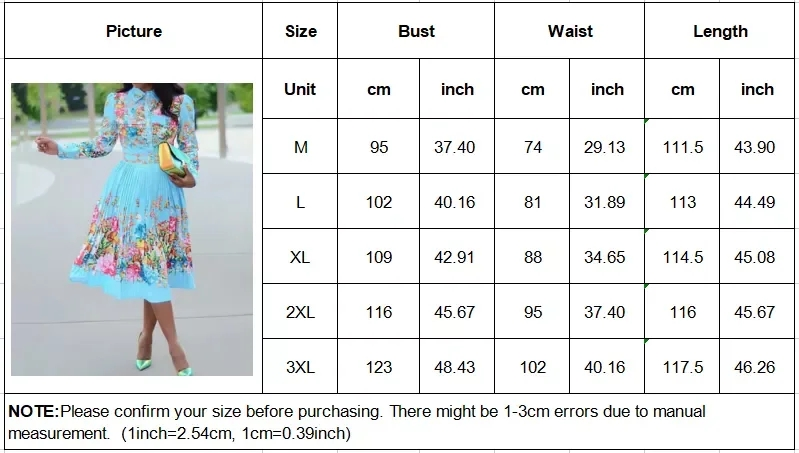 Pleated Print Collared Long-Sleeve Mid-Calf Dress