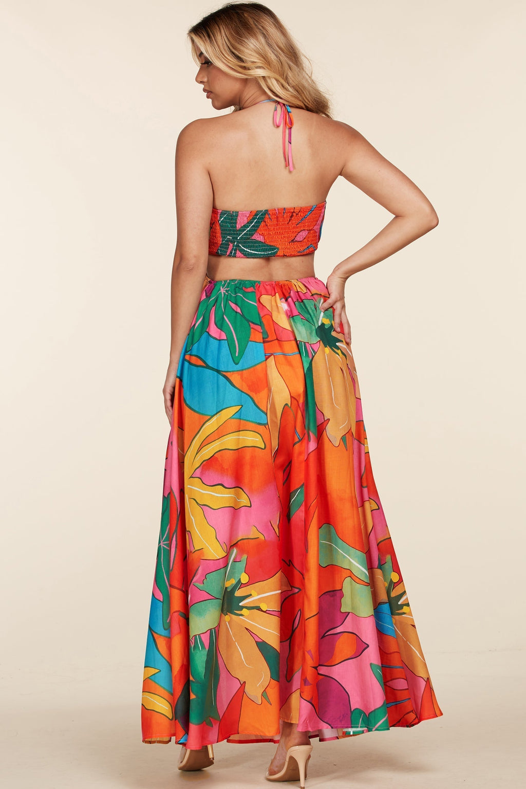 Tropical Print Halter Neck Cutout Maxi Dress