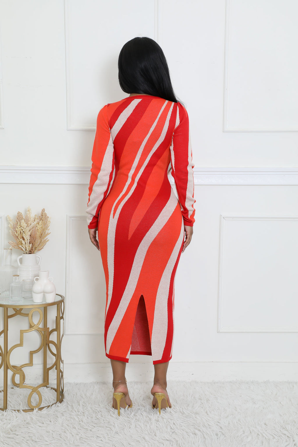 Multi-Print Knit Long-Sleeve Stretch Dress with Slit