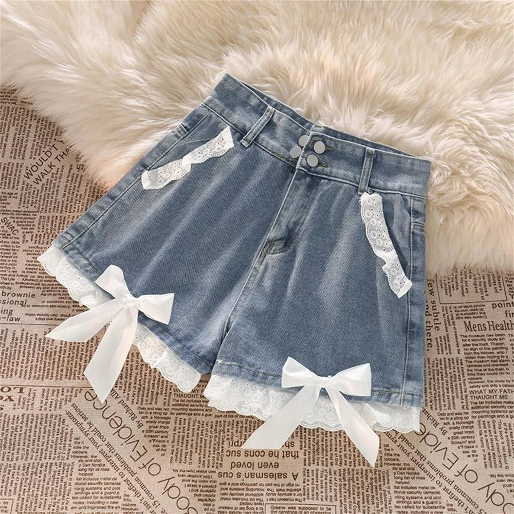 Lace Trim Denim Shorts