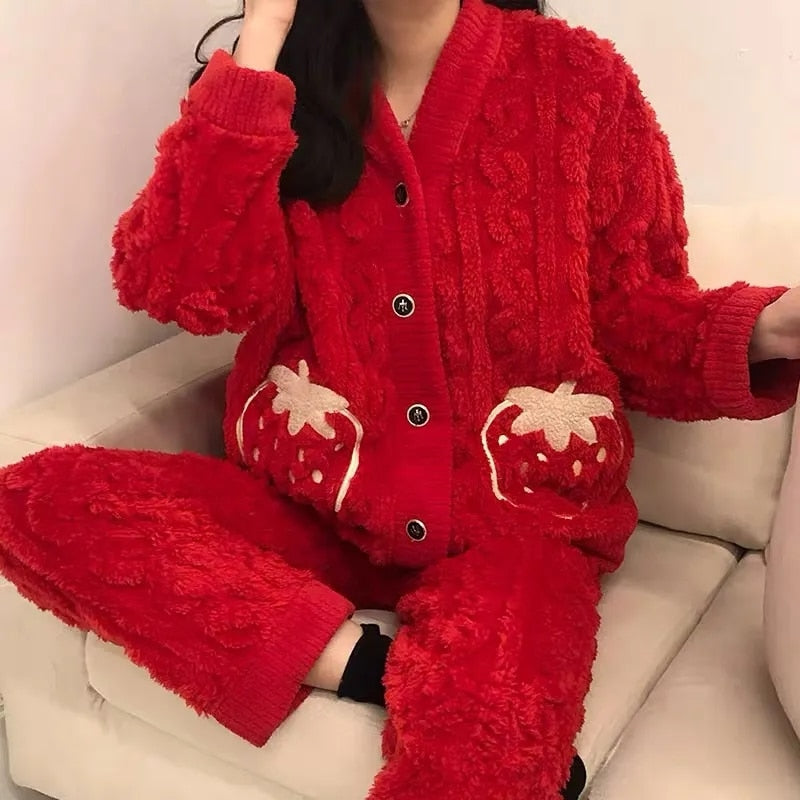 Strawberry Print Winter Pajama Set