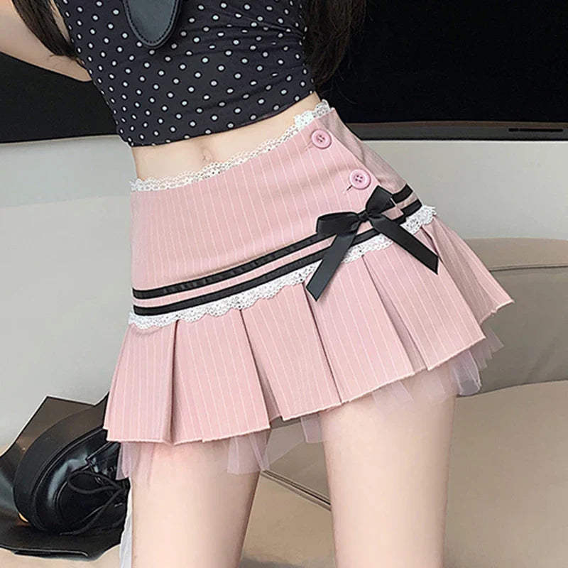 Pleated Mini Skirt with Lace & Ribbon Trim