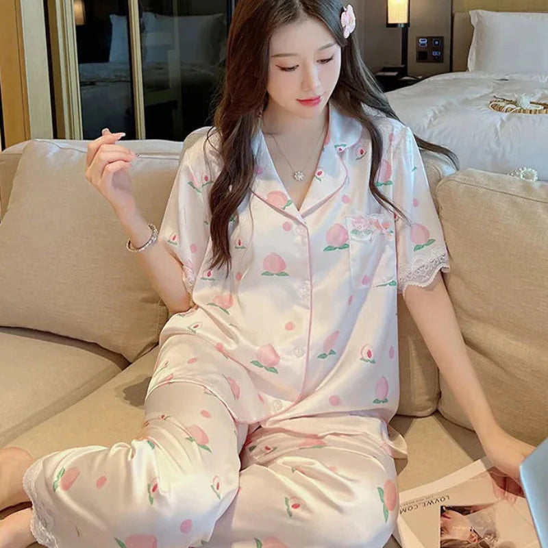 Peach Print Lace Trim Pajama Set