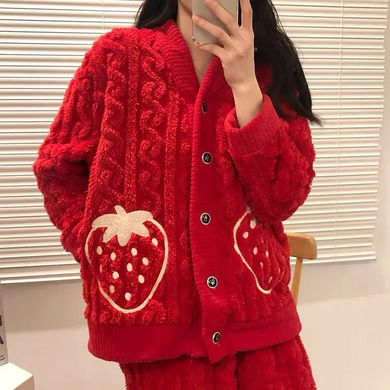 Strawberry Print Winter Pajama Set