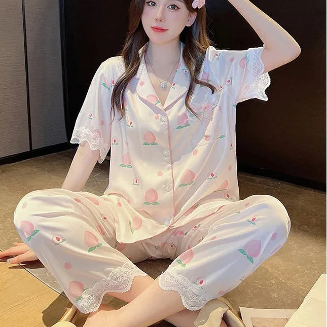 Peach Print Lace Trim Pajama Set