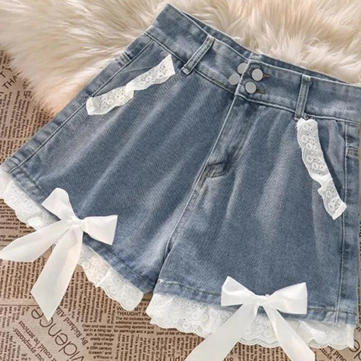 Lace Trim Denim Shorts