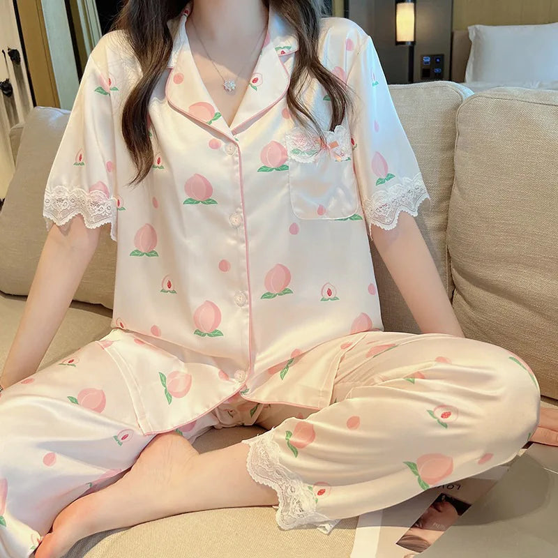 Peach Print Lace Trim Pajama Set