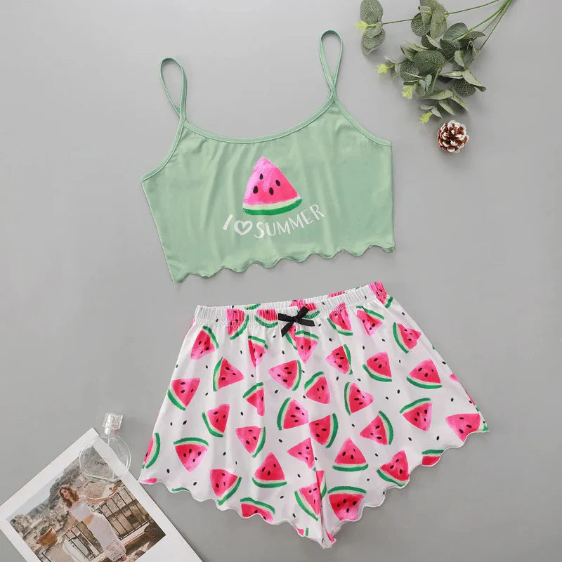 Watermelon Print Crop Top Pyjama Set