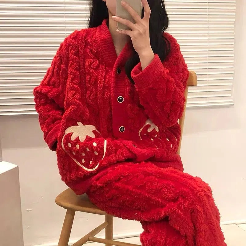 Strawberry Print Winter Pajama Set