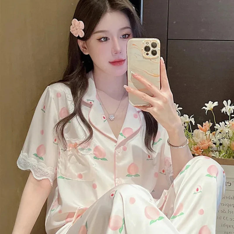 Peach Print Lace Trim Pajama Set