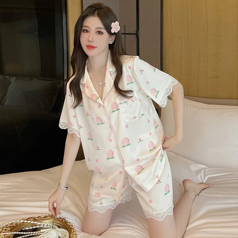 Peach Print Lace Trim Pajama Set