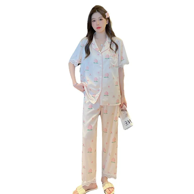Peach Print Lace Trim Pajama Set
